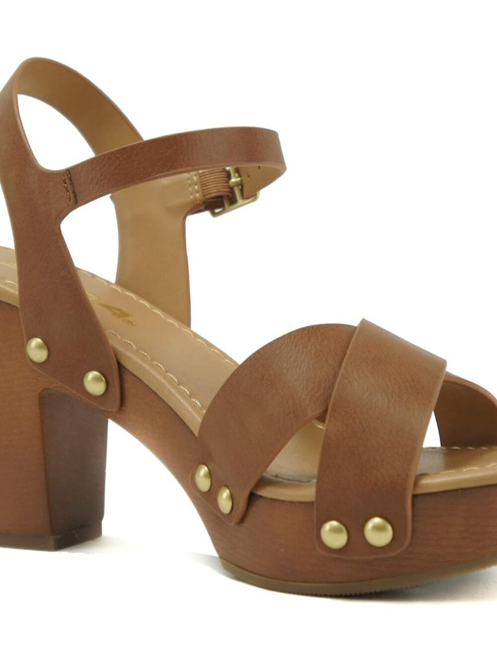 Women's Tan Pu Fashion Chunky Platform Block Mid Heel Sandal With Ankle Strap - Picture 4 of 4